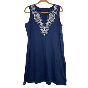 Lands End Blue Embroidered Mini Dress Sleeveless Boho Summer V Neck Womens Lrge